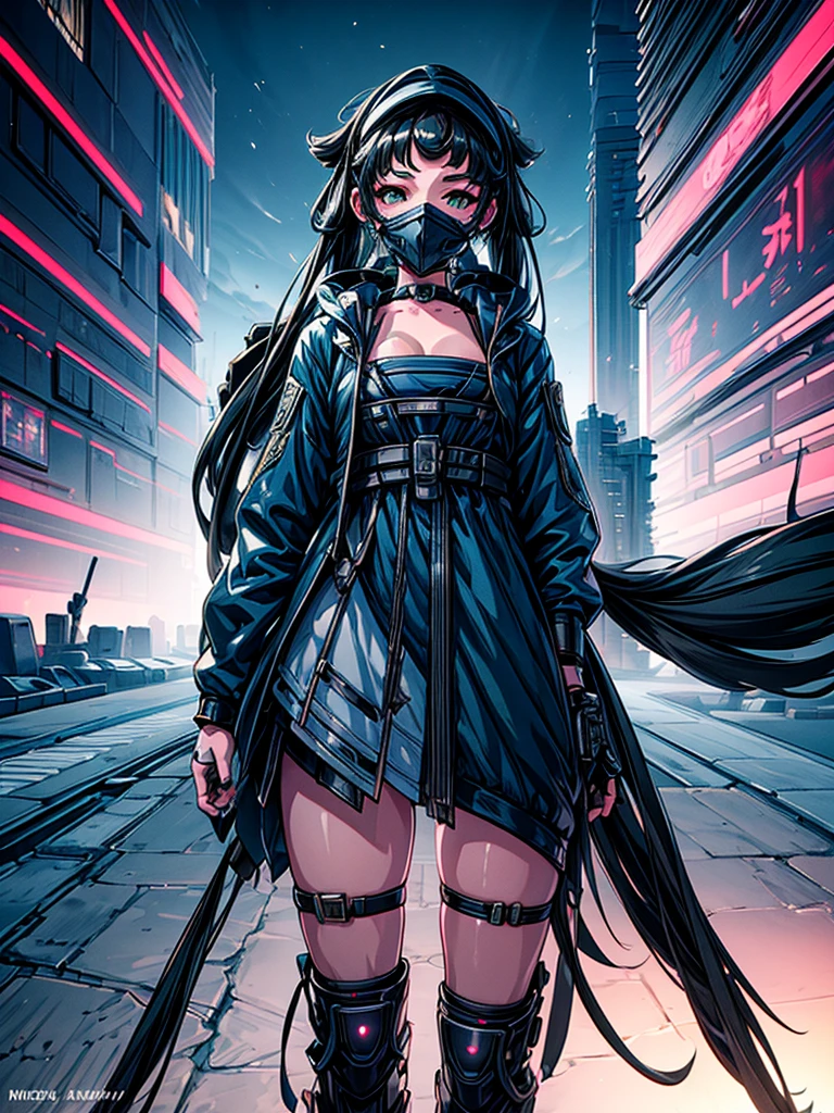 a beautiful detailed anime girl, sexy urban futuristic outfit, subzero mortal kombat mask covering mouth, submachine gun on back, masterpiece, 8k, ultra-detailed, photorealistic, intricate details, dramatic lighting, vibrant colors, cinematic composition, cyberpunk, science fiction, concept art style