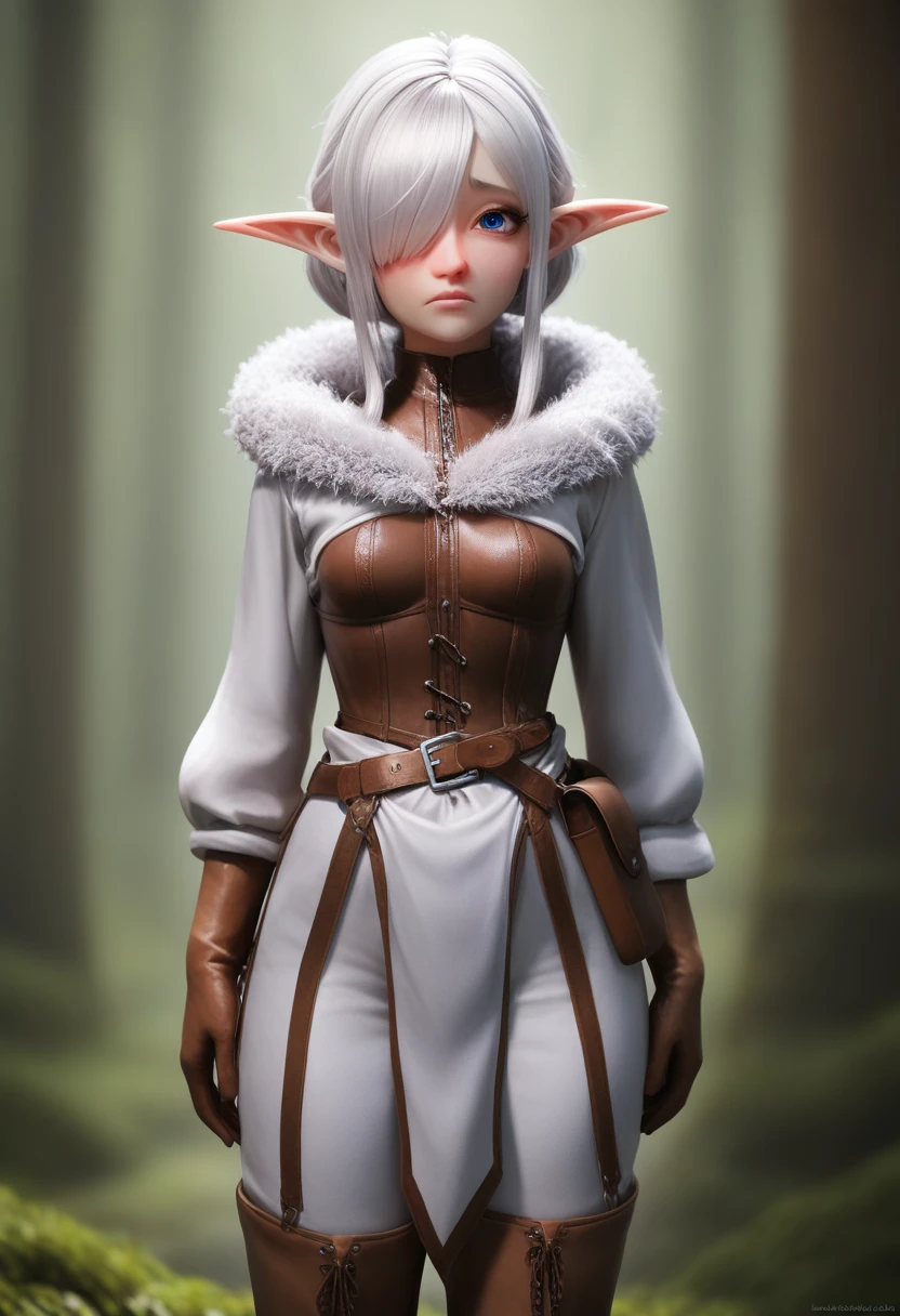 ((Best Quality)), (Masterpiece)), (Details: 1.4), Absurd Resolution, High Resolution, (Masterpiece: 1.4), Ultra Detailed, detailed gnome girl with pale skin, short stature, very long waist length silver hair that curls at the ends, covering one eye, with small breasts, pouty lips, and bright blue anime-style eyes with long lashes, wearing a corset, white puffy long sleeved shirt, and puffy cloth pants, leather bound boots, set in a windy fantasy landscape, (best quality,4k,8k,highres,masterpiece:1.2),ultra-detailed, dungeons and dragons, long elf ears, small girl, detailed skin and cloth textures, cute detailed face, intricate details, extremely detailed, 1girl, dynamic pose with hair covering one eye, shy personality, puffy cloth pants with leather belt, detailed privateer outfit, detailed buccaneer outfit, pouch on belt, wearing ornate leather armor with fur trim, silver inlay detail, wearing fur trimmed boots, wearing fur trimmed gloves, short, short height, halfing girl, small girl,