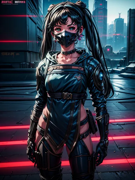 a beautiful detailed anime girl, sexy urban futuristic outfit, subzero mortal kombat mask covering mouth, submachine gun on back...