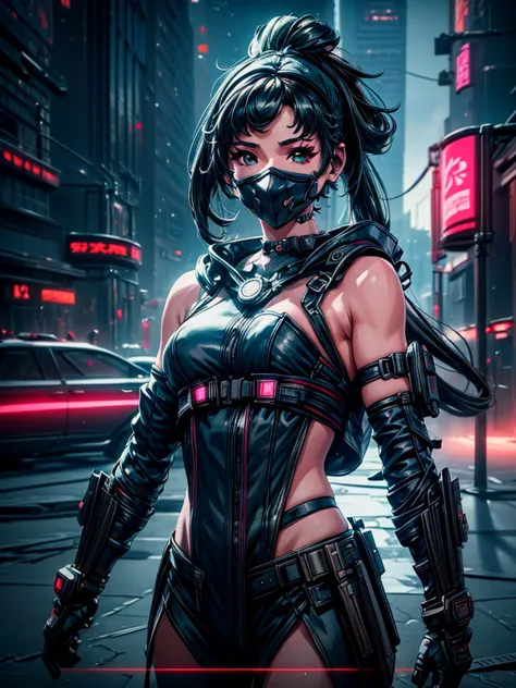 a beautiful detailed anime girl, sexy urban futuristic outfit, subzero mortal kombat mask covering mouth, submachine gun on back...