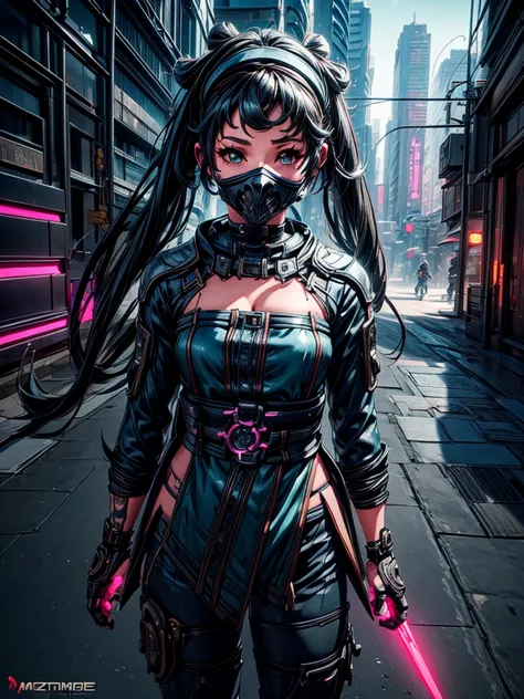 a beautiful detailed anime girl, sexy urban futuristic outfit, subzero mortal kombat mask covering mouth, submachine gun on back...