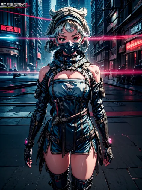 a beautiful detailed anime girl, sexy urban futuristic outfit, subzero mortal kombat mask covering mouth, submachine gun on back...