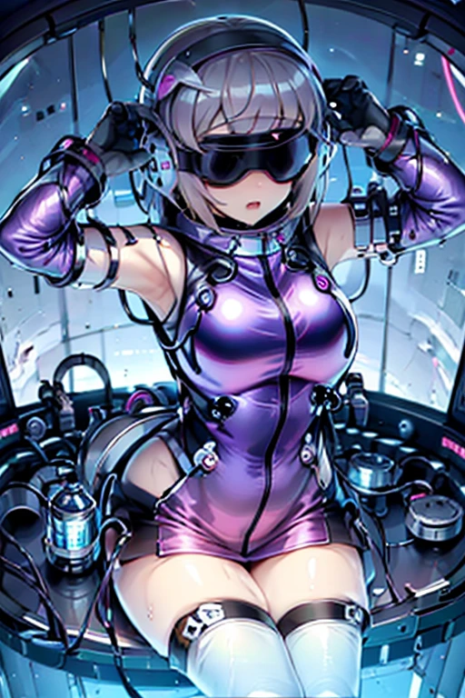 1 Girl, whole body, (space helmet):10,He has a large metal helmet on his head that covers his hair and eyes., tube, wire, She gets electrocuted, brainwashing,astrovest,bing_astronaut,blush,torogao,