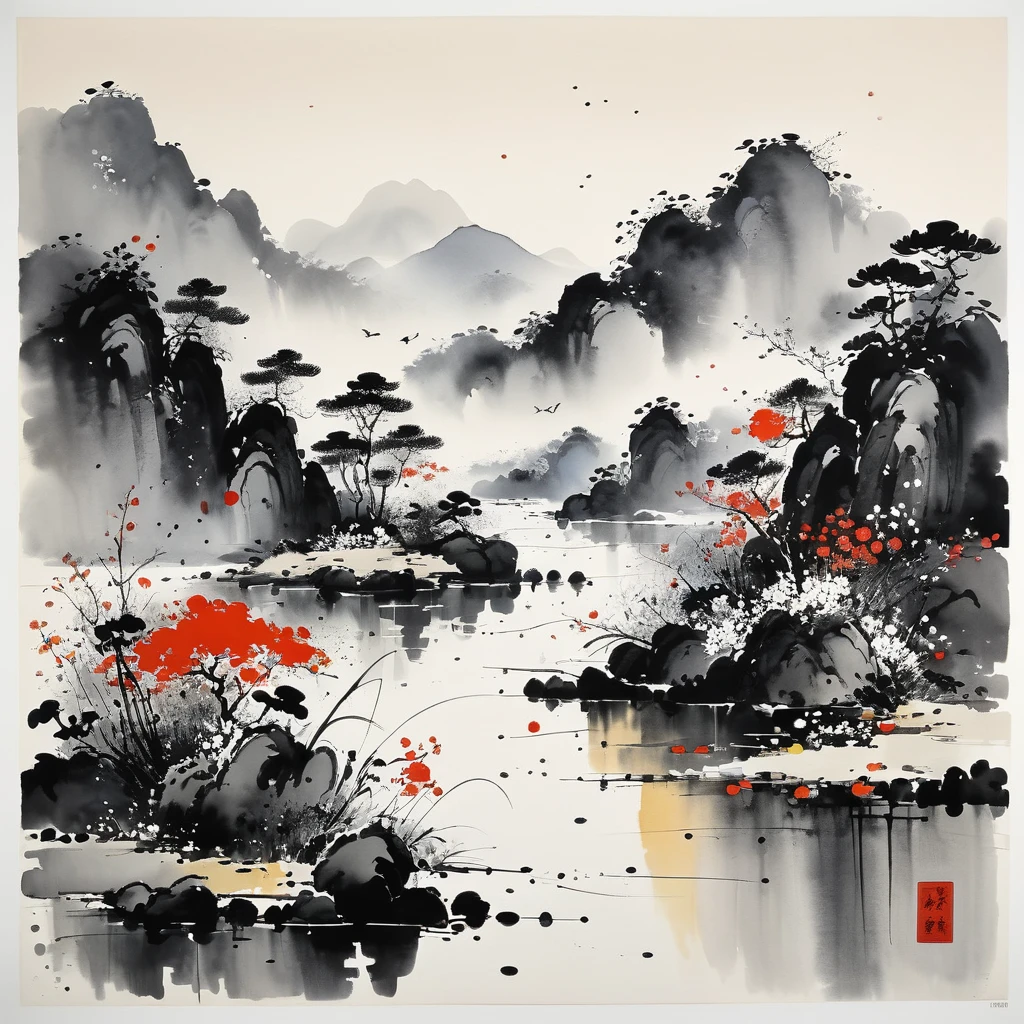 (pintura de tinta abstracta:1.5)，Autor:Wu Guanzhong,Autor:Wu Guanzhong，Wu Guanzhong&#39;Estilo artístico，La fusión de la pintura con tinta china y la estética modernista，Líneas simples pero poderosas y formas minimalistas., feudal art, arte feudal Japón, punto focal asiático, 