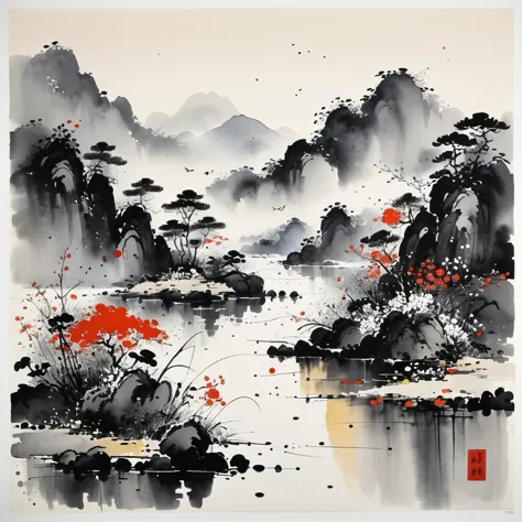 (abstract ink painting:1.5)，author:Wu Guanzhong,author:Wu Guanzhong，Wu Guanzhong&#39;s Artistic Style，The fusion of Chinese ink ...