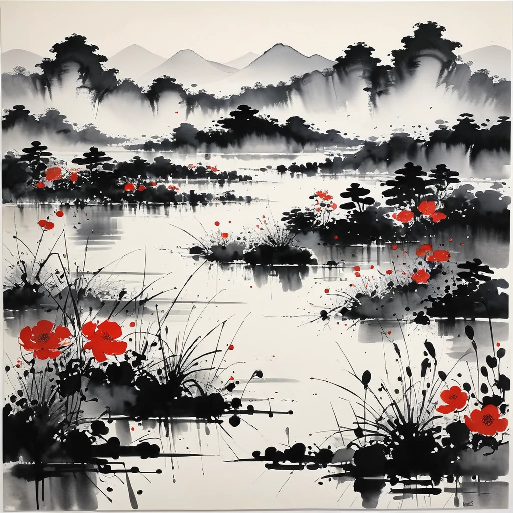 (抽象水墨画:1.5)，作者:Wu Guanzhong,作者:Wu Guanzhong，Wu Guanzhong&#39;艺术风格，中国水墨与现代主义美学的融合，简约而有力的线条和形状极简主义, 封建艺术, 封建艺术 Japan, 亚洲焦点, 