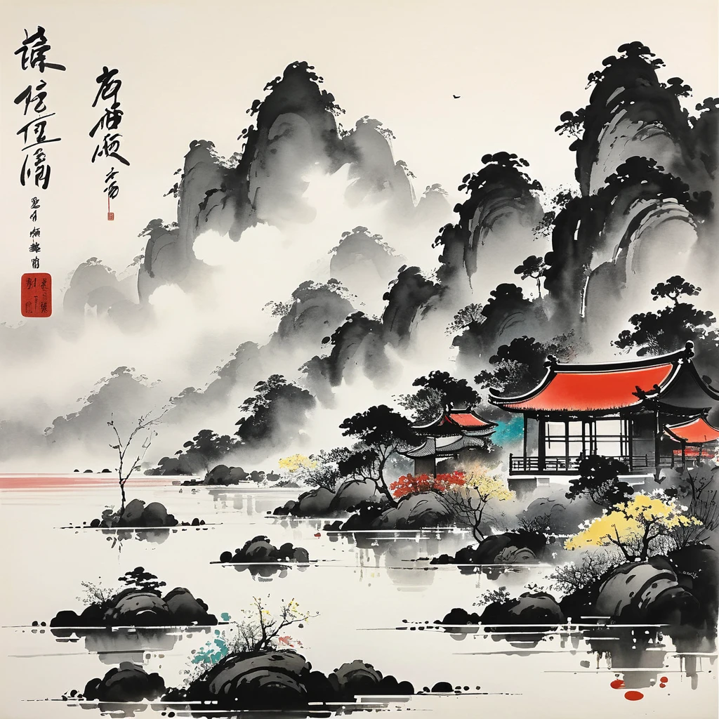 (abstract ink painting:1.5)，author:Wu Guanzhong,author:Wu Guanzhong，Wu Guanzhong&#39;s Artistic Style，The fusion of Chinese ink painting and modernist aesthetics，Simple yet powerful lines and shapeinimalist, feudal art, feudal art Japan, Asian Focal point, 