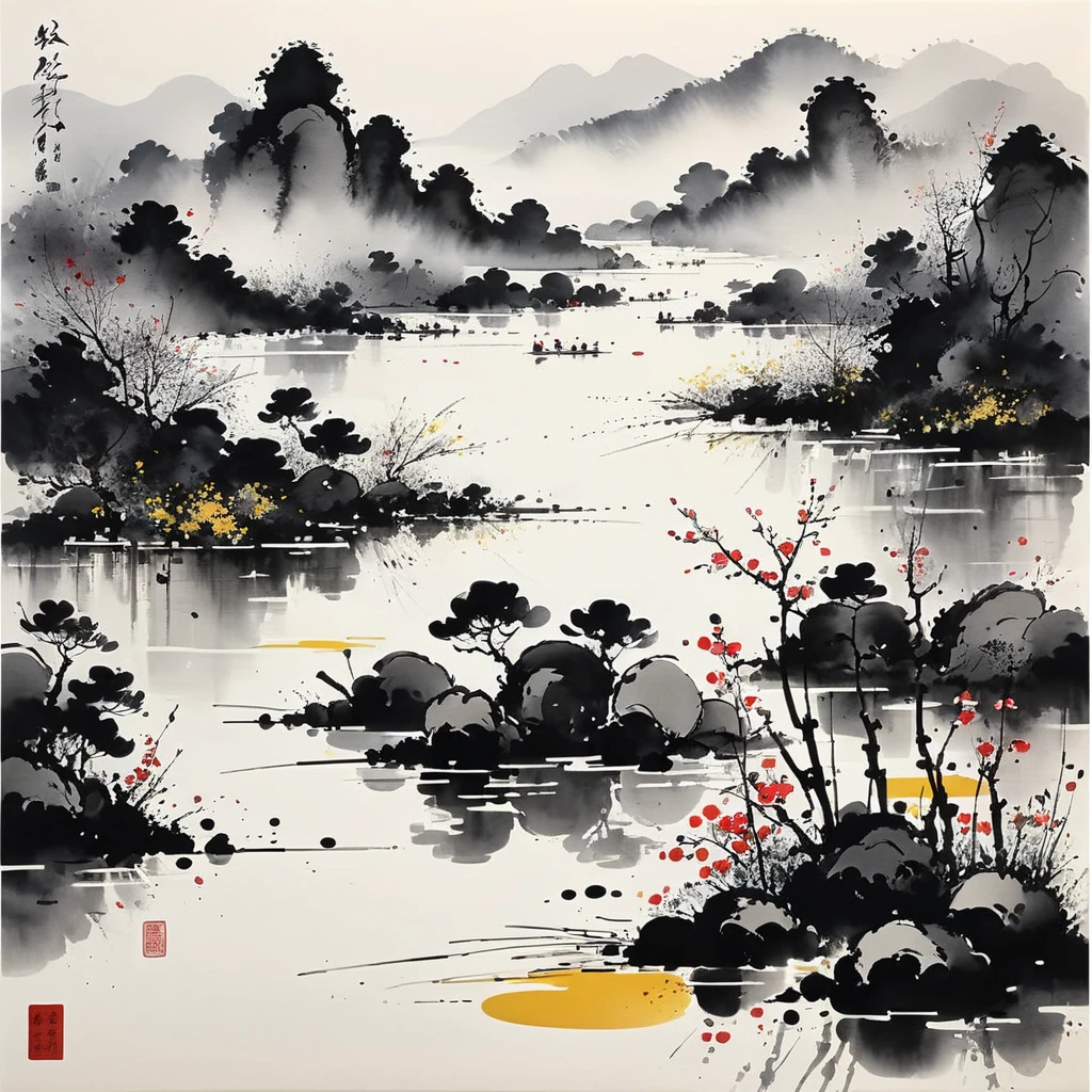 (abstract ink painting:1.5)，author:Wu Guanzhong,author:Wu Guanzhong，Wu Guanzhong&#39;s Artistic Style，The fusion of Chinese ink painting and modernist aesthetics，Simple yet powerful lines and shapeinimalist, feudal art, feudal art Japan, Asian Focal point, 