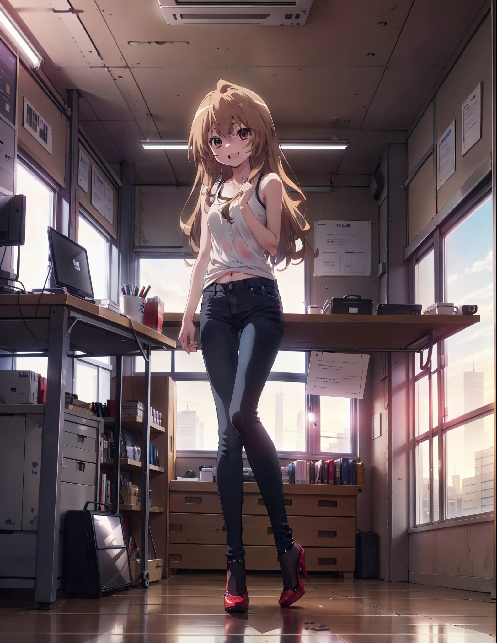 taiga aisaka, taiga aisaka, Long Hair, Brown Hair, Brown eyes,happy smile, smile, Open your mouth,Brown tank top,Skinny jeans,Stiletto heels,There is a computer on the table,interior,Chair,Are standing,whole bodyがイラストに入るように,
break indoors, office,
break looking at viewer, whole body,
break (masterpiece:1.2), Highest quality, High resolution, unity 8k wallpaper, (shape:0.8), (Beautiful attention to detail:1.6), Highly detailed face, Perfect lighting, Highly detailed CG, (Perfect hands, Perfect Anatomy),