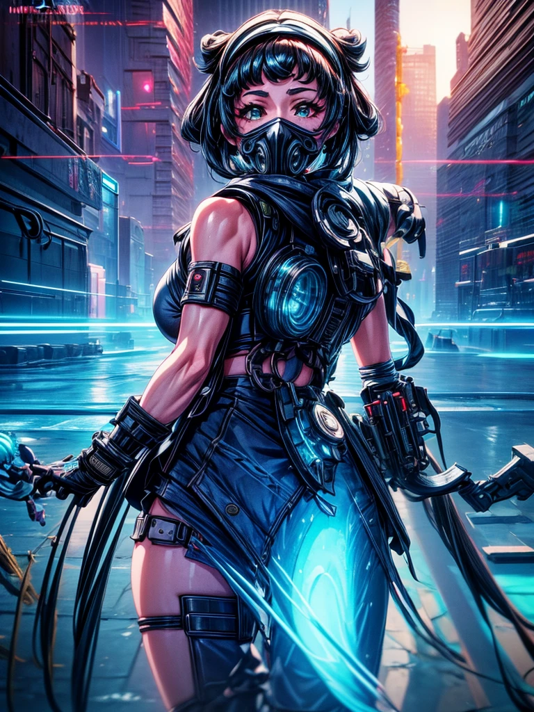 a beautiful detailed anime girl, sexy urban futuristic outfit, subzero mortal kombat mask covering mouth, submachine gun on back, masterpiece, 8k, ultra-detailed, photorealistic, intricate details, dramatic lighting, vibrant colors, cinematic composition, cyberpunk, science fiction, concept art style