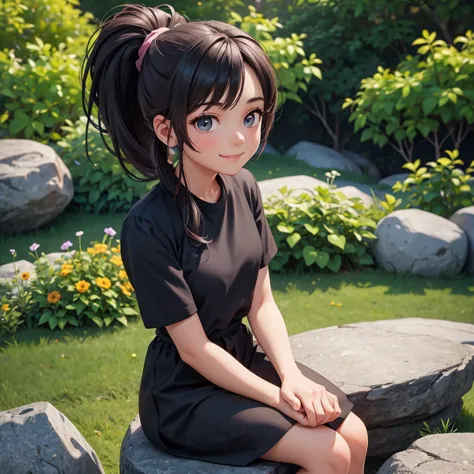 girl with ponytail hair sitting on a rock with a garden, black shirt in the background, her hands are resting on the rock she lo...