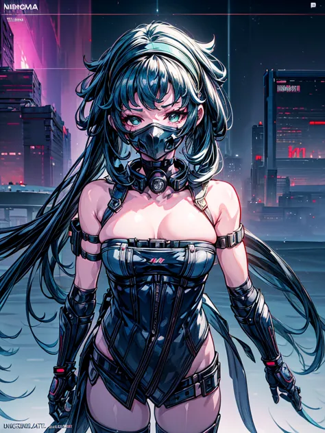 a beautiful detailed anime girl, sexy urban futuristic outfit, subzero mortal kombat mask covering mouth, submachine gun on back...