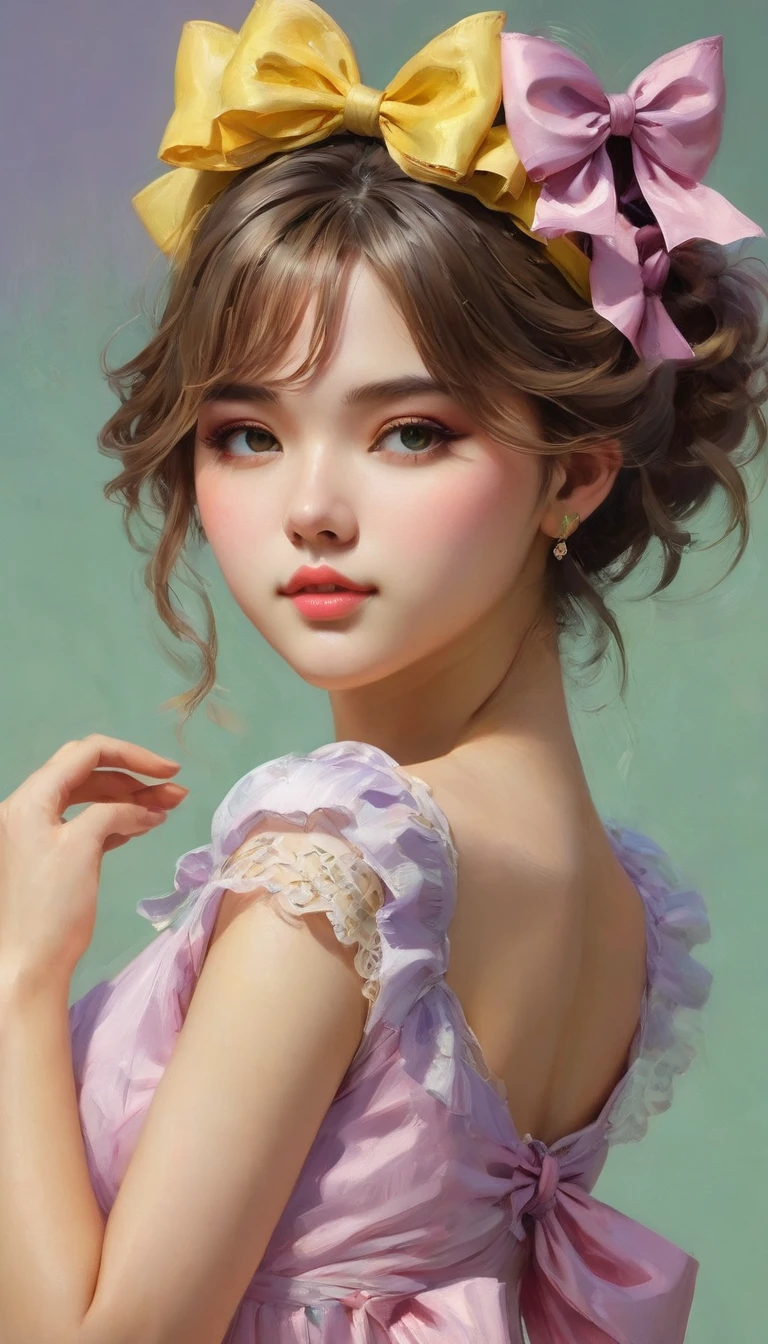 Ultra-realistic CG K ,((premium、8k、32k、Masterpiece、NFFSW:1.3)), (superfine illustration)、(super high resolution), (((adult body))), (Masterpiece, Best Quality:1.2),a beautiful girl，Skin details processing...，The eyes are finely described...，delicate hair，long wavy hair，long light hair，She has a big bow on her head..，modern clothing ,pink violet, yellow and green，clean background