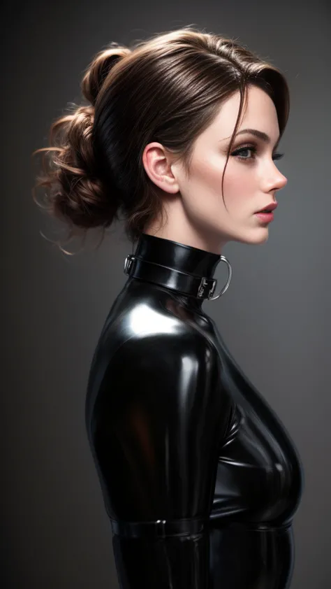 beautiful face,portrait, Joschek's Shiny Bondage: Armbinder ,lean forward,sideview, black see-through latex body, long sleeves,o...