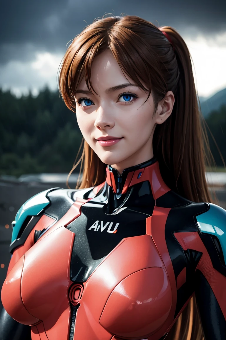 Evangelion,Asuka Langley,blue eyes,Plug Suit,Bodysuits,Interface Headset,赤いBodysuits,Ultra HD,super high quality,masterpiece,Digital SLR,Photorealistic,Detailed details,Vivid details,Depicted in detail,A detailed face,Detailed details,Super Detail,Realistic skin texture,Anatomical basis,Perfect Anatomy,Anatomically correct hand,Anatomically correct fingers,Complex 3D rendering,Sexy pose,Rainy Sky,Beautiful scenery,Fantastic rainy sky,Picturesque,Pink Lips,smile,