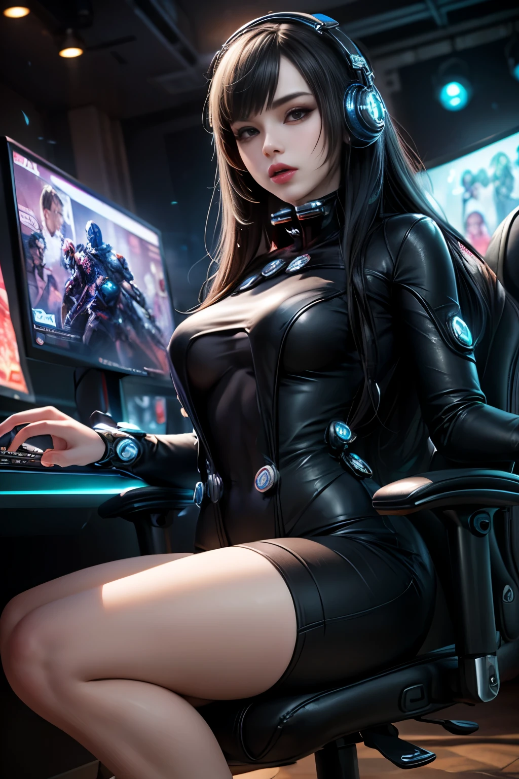 Highest quality, Super quality, 16K, Incredibly absurd, Very detailed, 2.5D, delicate and dynamic, Movie Scenes, official, Poster Design, e-sports, Tokyo, Indoor Stage, , Gaming PC, Gaming, head set, Big screen, Flashy lighting, psychedelic, gaming chair, PC monitors , , Small face, Extremely delicate facial expression, Delicate eye depiction, Upper body close-up, erotic, sole sexy lady, healthy shaped body, 25 years old lady, Cool woman, 170cm tall, big firm bouncing busts, E-sports players, Flashy shirts, Game character cosplay, Logo on the back, A complex costume, Glamorous costumes, hot pants, , sneakers, Alluring, LOL, Play PC games, gaming chairに座る