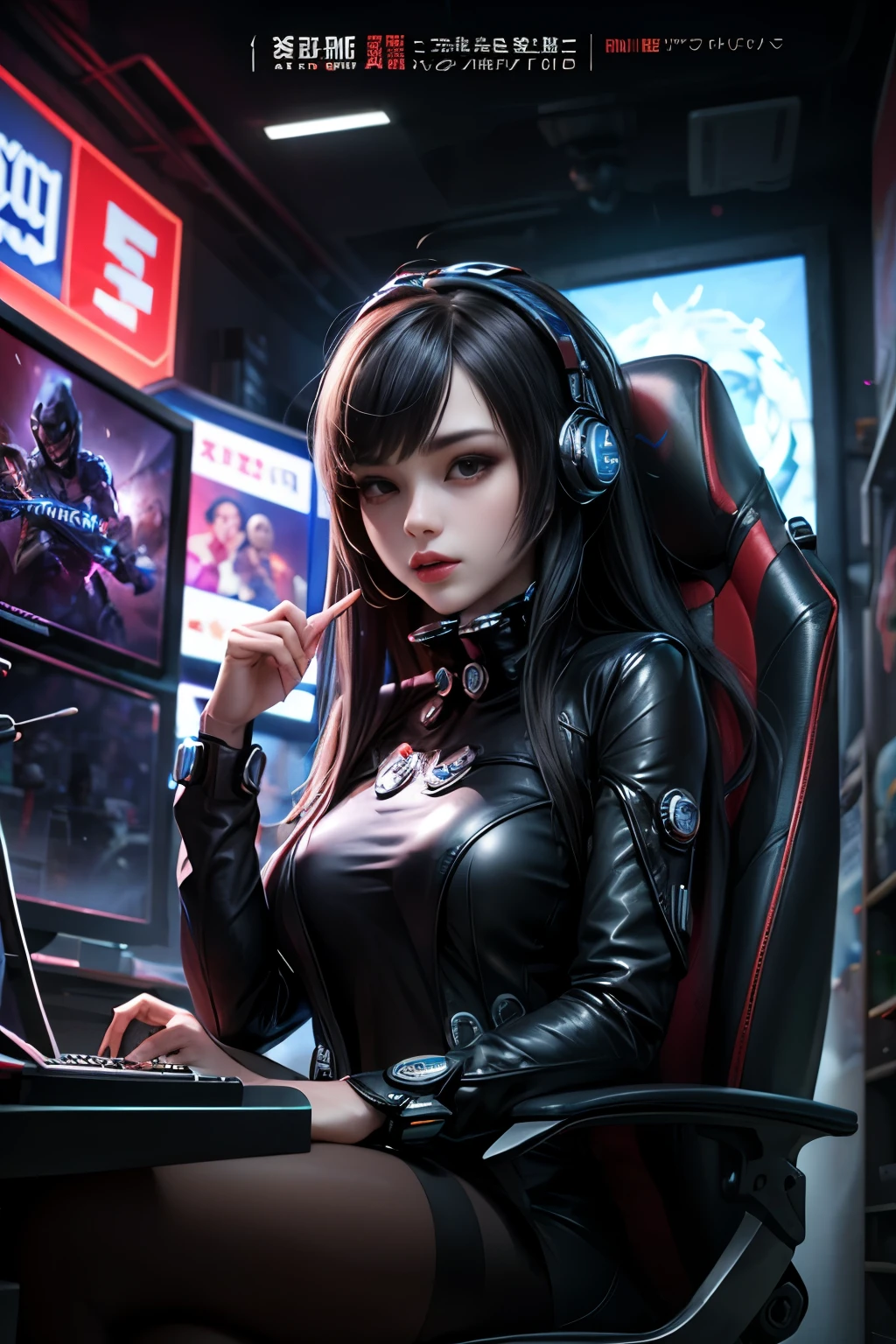 Highest quality, Super quality, 16K, Incredibly absurd, Very detailed, 2.5D, delicate and dynamic, Movie Scenes, official, Poster Design, e-sports, Tokyo, Indoor Stage, , Gaming PC, Gaming, head set, Big screen, Flashy lighting, psychedelic, gaming chair, PC monitors , , Small face, Extremely delicate facial expression, Delicate eye depiction, Upper body close-up, erotic, sole sexy lady, healthy shaped body, 25 years old lady, Cool woman, 170cm tall, big firm bouncing busts, E-sports players, Flashy shirts, Game character cosplay, Logo on the back, A complex costume, Glamorous costumes, hot pants, , sneakers, Alluring, LOL, Play PC games, gaming chairに座る