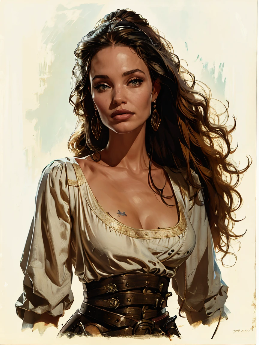 a young woman from the early 18th century based on Angelina Jolie, military dress uniform, tricorn, dungeons and Dragons 5th edition fancy illustration, highly detailed cinematic fancy portrait, black outline, colorful illustration, not Boris Vallejo style & Julie Bell, work of art, 8K, ultra detali, physically based rendering, bright coloured, dramatic lighting, intricate background, fancy, photorrealistic