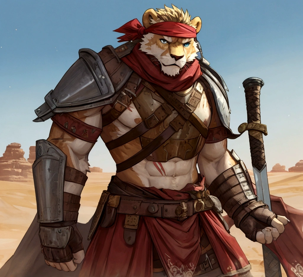 Solo Sexy anthro león peludo macho mercenario soldado medieval, delgado, endomorfo, musculoso, manos, modelo, apariencia masculina, venda, cicatrices de espada, armamento escaso, oxidado y gastado, cinturón de cuero grueso bajo en las caderas, suspensorio viejo, muy gastado, escaso y sucio, material de lino, viejas manchas amarillas sucias desgastadas en suspensorio blanco, armadura de coraza con brazales diminutos y tachonados, escasa coraza, ataduras de cuero, Guantes de cuero sin dedos, piel sucia maloliente, mirada de cuerpo sucio, desert battlefield, de pie en posición de lucha sexy, vista cercana del personaje completo