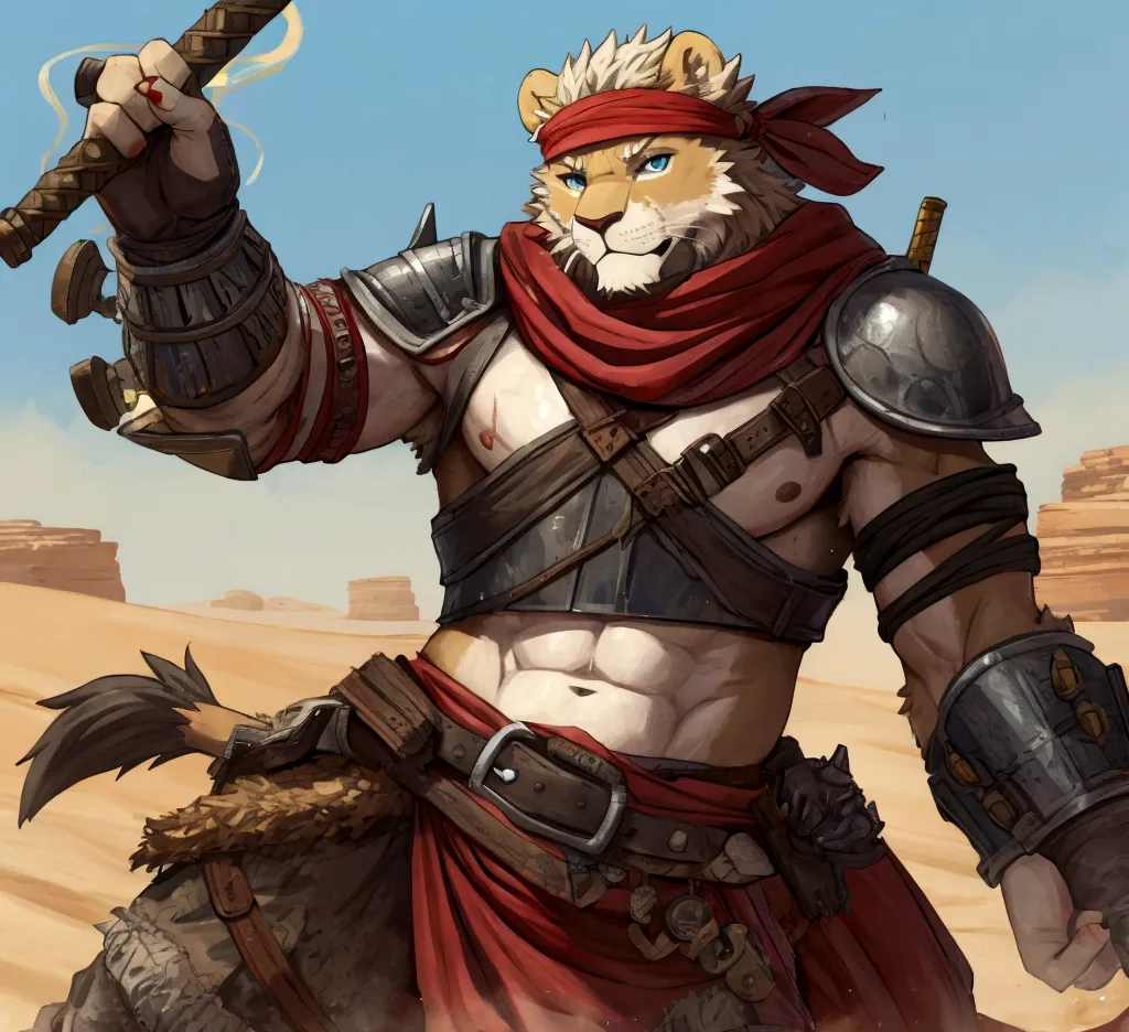 Solo Sexy anthro furry lion male mercenary medieval solider, slim endomorph muscular handsone model male apperance, headband, sw...