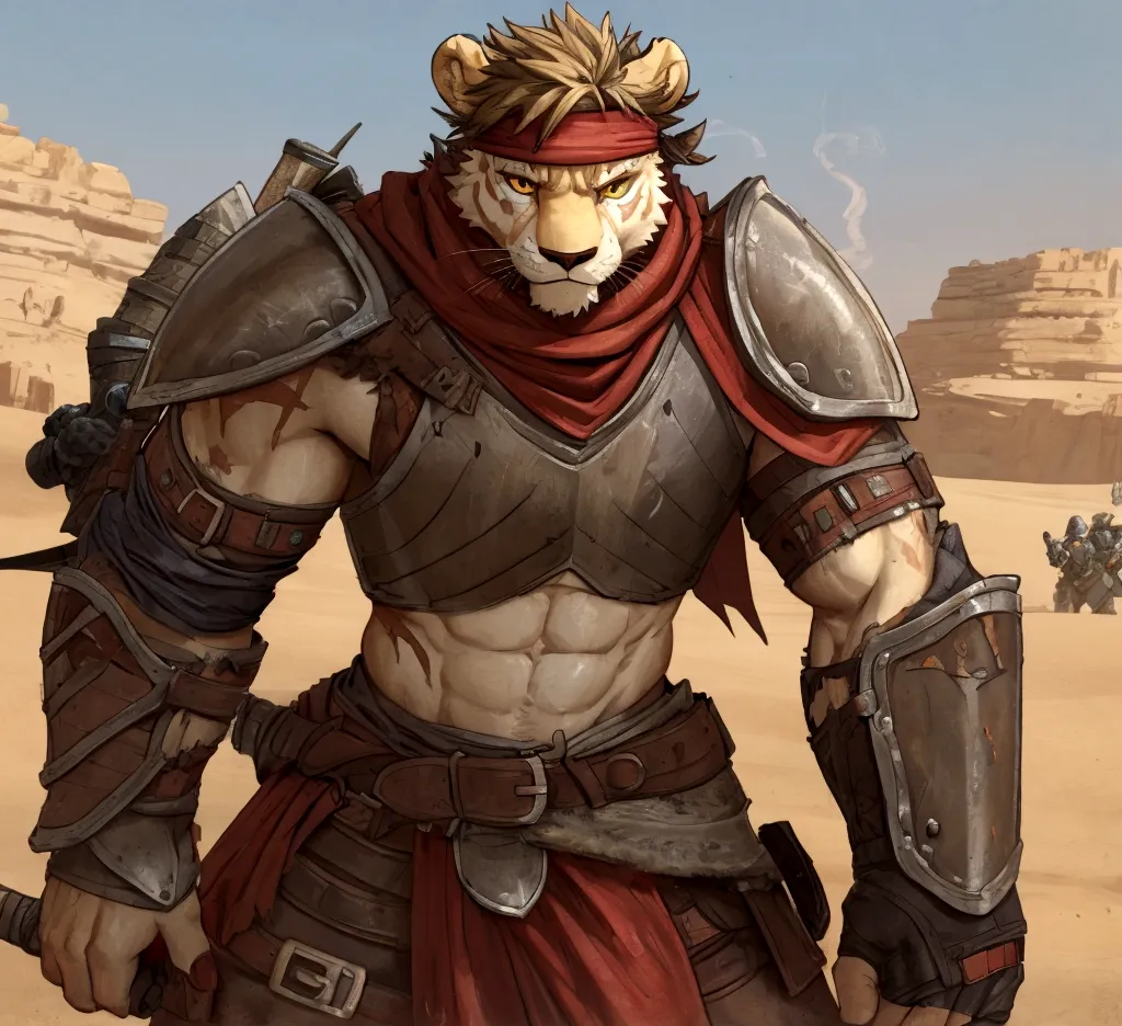 Solo Sexy anthro furry lion male mercenary medieval solider, slim endomorph muscular handsone model male apperance, headband, sw...