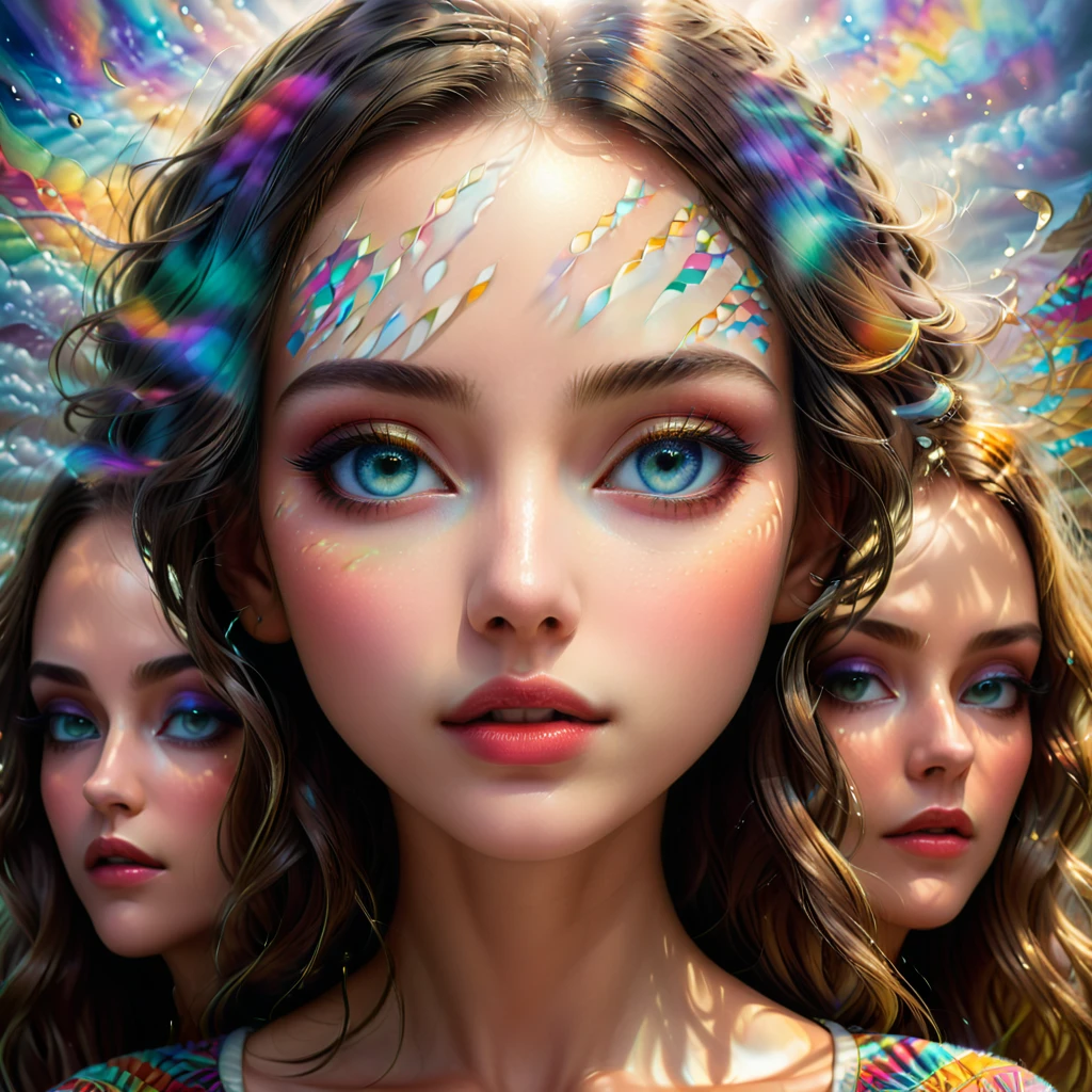 Group of beautiful women, Woman with eyes closed, Optical illusion, Surreal, Complex, Very detailed, photoRealistic, Cinema Lighting, Dramatic Shadows, Vibrant colors, Complex patterns, (Highest quality,4K,8K,High resolution,masterpiece:1.2),Super detailed,(Realistic,photoRealistic,photo-Realistic:1.37),Structure of the film,Dramatic lighting,Gloomy atmosphere,Enchantingな,Surreal,dream-like,Complex details,visually striking,Enchanting