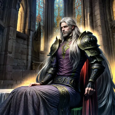 draego, a medieval knight in shining armor, (long hair:1.2), sitting in a chair in front of an altar in a large cathedral, drama...