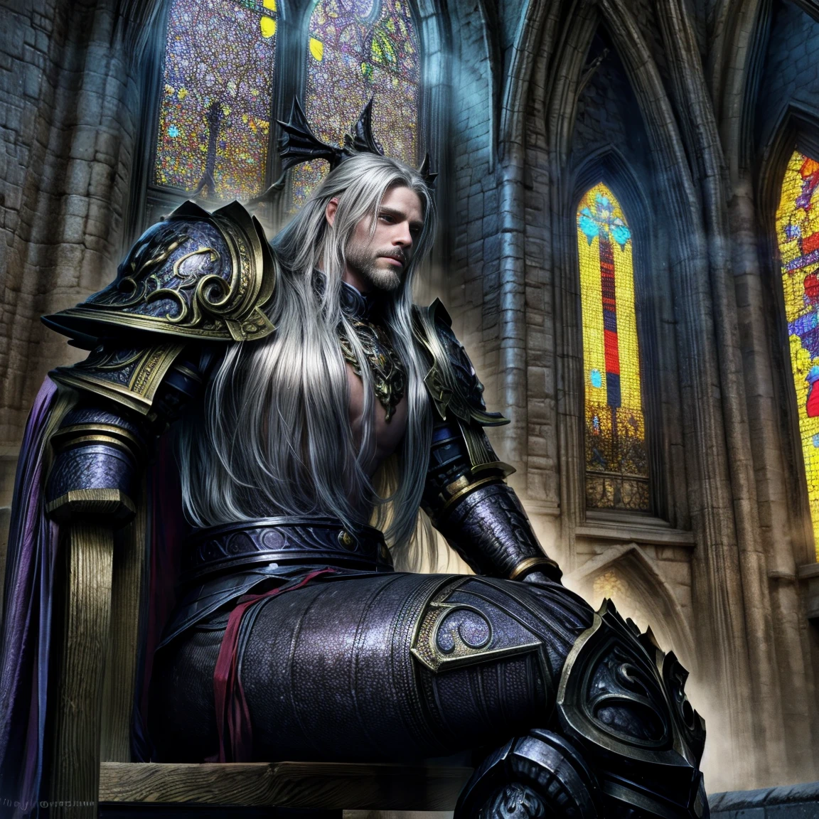 Draego, a medieval knight in shining armor, (long hair:1.2), sitting in a chair in front of an altar in a large cathedral, dramatic backdrop, high contrast, wide angle lens, vibrant colors, serene, detailed intricate armor, flowing cape, determined facial expression, sunlight streaming through stained glass windows, ornate altar with candles, dramatic shadows, cinematic composition, photorealistic, 8k, hyper detailed, masterpiece
