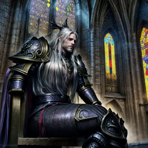 draego, a medieval knight in shining armor, (long hair:1.2), sitting in a chair in front of an altar in a large cathedral, drama...