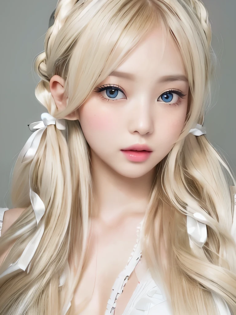 a close up of a woman with long blonde hair wearing a white dress, kawaii realistic portrait, blond hair with pigtails, pigtails hairstyle, kawaii hairstyle, twintails hairstyle, cute natural anime face, white hime cut hairstyle, pale milky white porcelain skin, anime girl in real life, realistic young anime girl, long blonde hair and big eyes, ulzzang