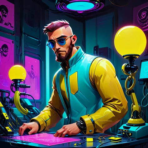 a bald guy with a brown beard, athletic body, wearing yellow leather jacket with blue neon, sunglasses, robotic arm implants, co...