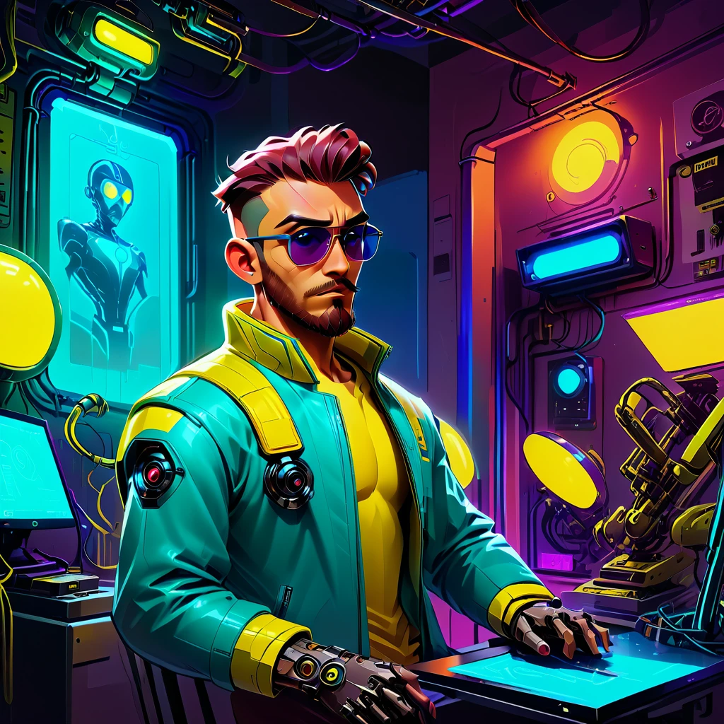 A bald guy with a brown beard, athletic body, wearing yellow leather jacket with blue neon, sunglasses, robotic arm implants, connected ends, in his bedroom, using a computer to hack, futuristic atmosphere, night-time, cyberpunk style, POV view