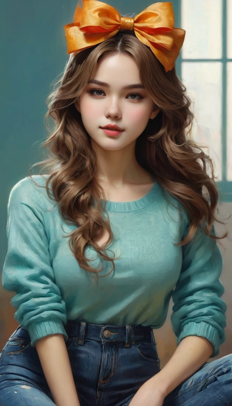 Ultra-realistic CG K ,((premium、8k、32k、Masterpiece、NFFSW:1.3)), (superfine illustration)、(super high resolution), (((adult body))), (Masterpiece, Best Quality:1.2),a beautiful girl，Skin details processing.，The eyes are finely described.，delicate hair，long wavy hair，long light hair，Wear a big bow on your head，black sweater，jeans, cinto de cuero Brown ，colors, yellow cyan ,Brown ，orange, clean background