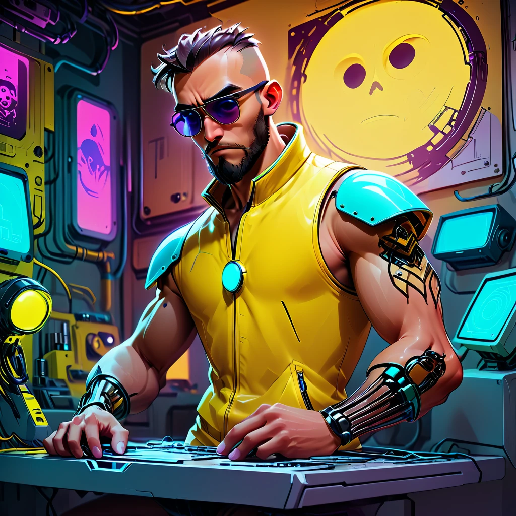 one  men, 30years, bald man with brown beard, athletic body, wearing yellow leather jacket with blue neon, sunglasses, robotic arm implants, connected ends, in his bedroom, using a computer to hack, futuristic atmosphere, night-time, cyberpunk style, POV view