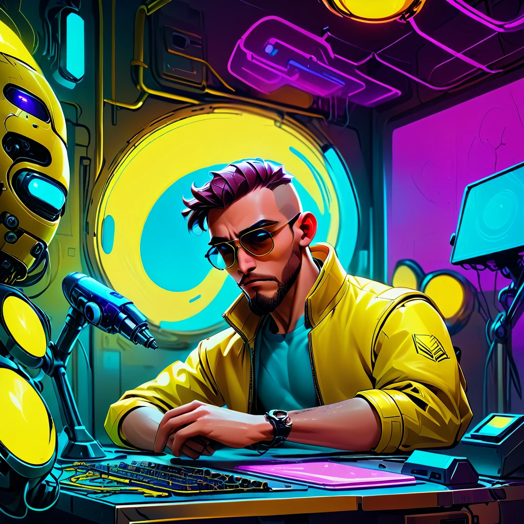 one  men, 30years, bald man with brown beard, athletic body, wearing yellow leather jacket with blue neon, sunglasses, robotic arm implants, connected ends, in his bedroom, using a computer to hack, futuristic atmosphere, night-time, cyberpunk style, POV view