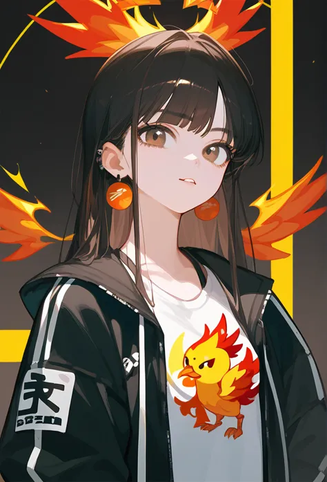 guna girl with brown eyes black hair loose rapper clothes and a phoenix in the background