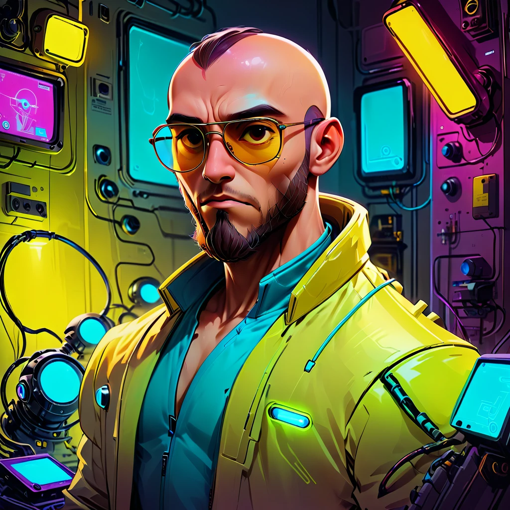 one  men, 30years, calvo, bald man with brown beard, athletic body, wearing yellow leather jacket with blue neon, sunglasses, robotic arm implants, connected ends, in his bedroom, using a computer to hack, futuristic atmosphere, night-time, cyberpunk style, POV view