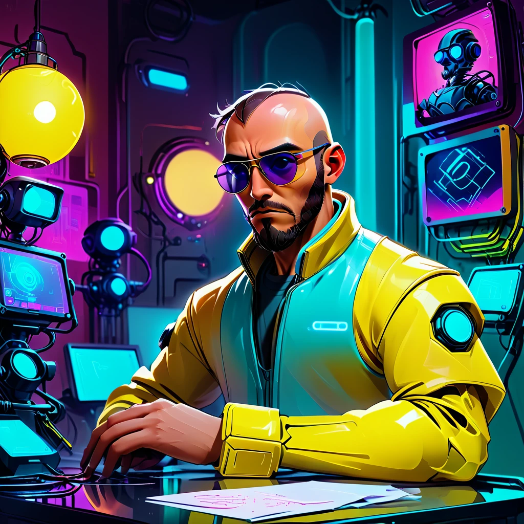 one  men, 30years, calvo, bald man with brown beard, athletic body, wearing yellow leather jacket with blue neon, sunglasses, robotic arm implants, connected ends, in his bedroom, using a computer to hack, futuristic atmosphere, night-time, cyberpunk style, POV view