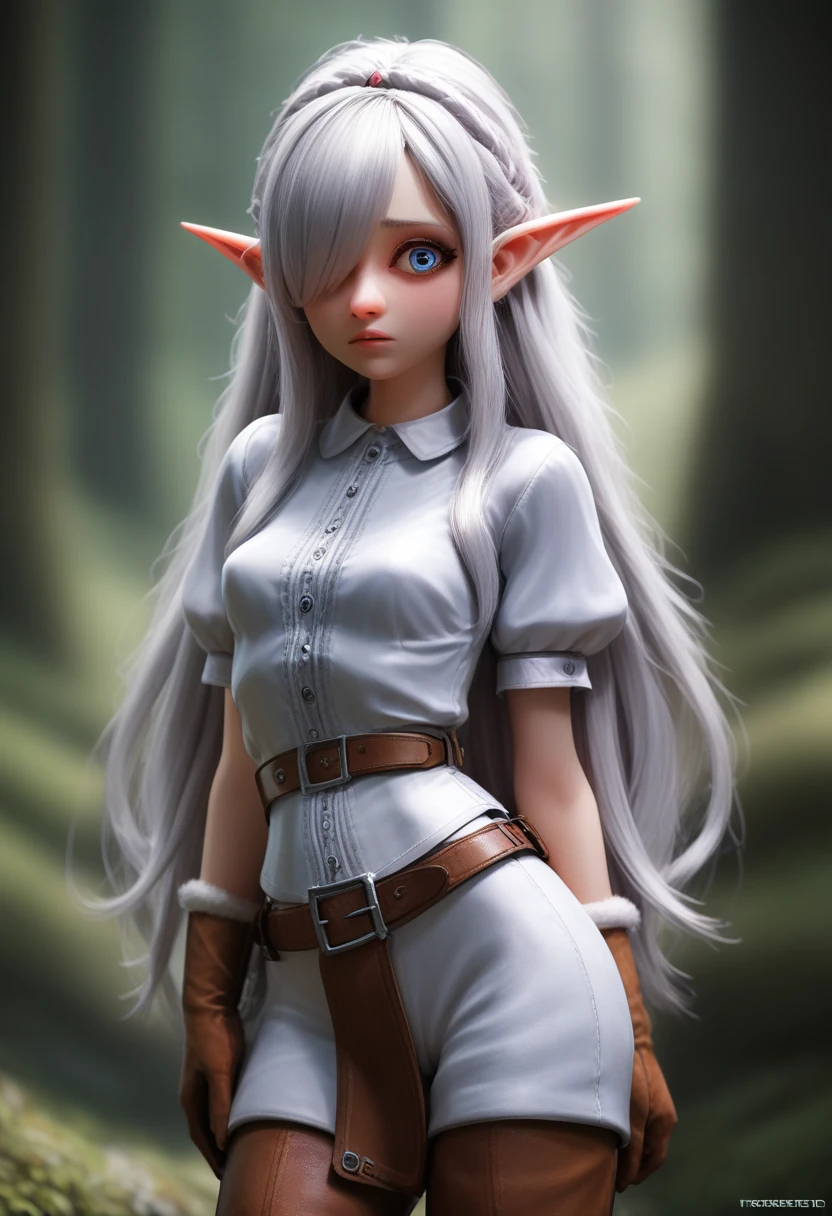 ((Best Quality)), (Masterpiece)), (Details: 1.4), Absurd Resolution, High Resolution, (Masterpiece: 1.4), Ultra Detailed, detailed gnome girl with pale skin, short stature, very long waist length silver hair that curls at the ends, covering one eye, with small breasts, pouty lips, and bright blue anime-style eyes with long lashes, wearing a corset, white puffy long sleeved shirt, and puffy cloth pants, leather bound boots, set in a windy fantasy landscape, (best quality,4k,8k,highres,masterpiece:1.2),ultra-detailed, dungeons and dragons, long elf ears, small girl, detailed skin and cloth textures, cute detailed face, intricate details, extremely detailed, 1girl, dynamic pose with hair covering one eye, shy personality, puffy cloth pants with leather belt, detailed privateer outfit, detailed buccaneer outfit, pouch on belt, wearing ornate leather armor with fur trim, silver inlay detail, wearing fur trimmed boots, wearing fur trimmed gloves, short, short height, halfing girl, small girl, very long hair