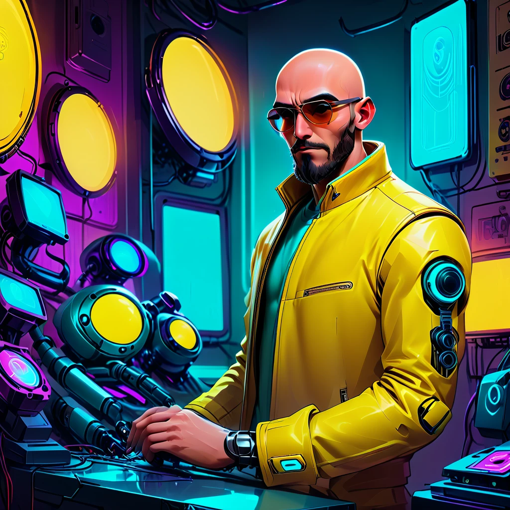 one  men, 30years, without hair, bald man with brown beard, athletic body, wearing yellow leather jacket with blue neon, sunglasses, robotic arm implants, connected ends, in his bedroom, using a computer to hack, futuristic atmosphere, night-time, cyberpunk style, POV view