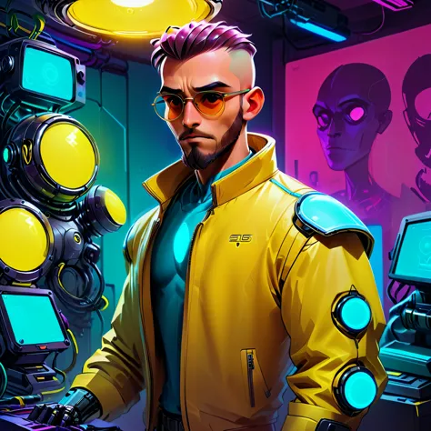 one  men, 30years, without hair, bald man with brown beard, athletic body, wearing yellow leather jacket with blue neon, sunglas...