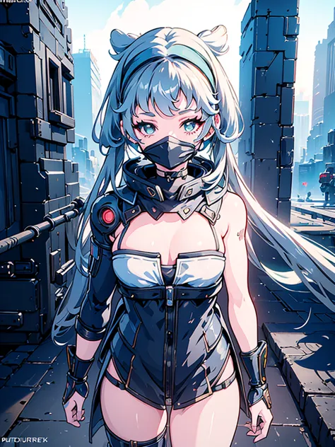 a beautiful detailed anime girl, sexy urban futuristic outfit, subzero mortal kombat mask covering mouth, submachine gun on back...