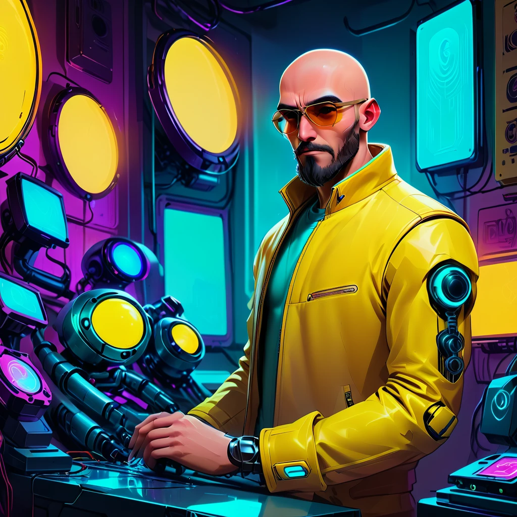 one  men, 30years, without hair, bald man with brown beard, athletic body, wearing yellow leather jacket with blue neon, blue lens sunglasses, robotic arm implants, connected ends, in his bedroom, using a computer to hack, futuristic atmosphere, night-time, cyberpunk style, POV view