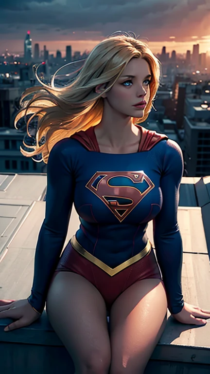 supergirl, sitting on a rooftop building, lost in deep thought, looking at the city, perfect eye, beautiful highly detailed eyes, beautiful blue eyes, both eyes are similar, beautiful detailed lips, extremely detailed face, detailed Supergirl tight suit, tight figure, blonde hair, big breasts, dynamic pose, cinematic lighting, epic cityscape, moody atmosphere, dramatic shadows, vibrant colors, photorealistic, 8k, best quality, hyper detailed, masterpiece