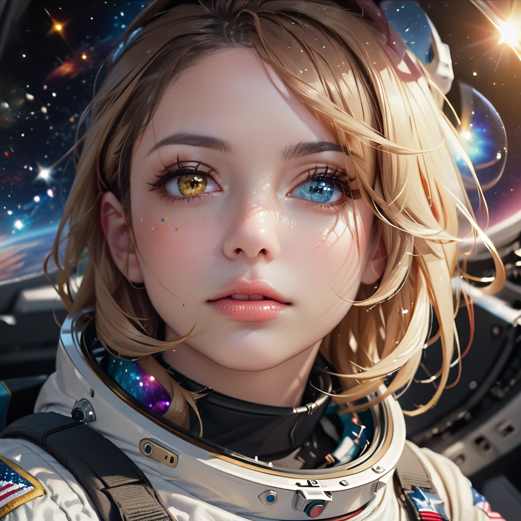 perfect eyes, Zoe, Heterochromia, astronaut, beautiful detailed eyes, beautiful detailed lips, extremely detailed eyes and face, long eyelashes, 1girl, astronaut, heterochromia, space, beautiful stars, beautiful galaxies, (best quality,4k,8k,highres,masterpiece:1.2),ultra-detailed,(realistic,photorealistic,photo-realistic:1.37),digital art, science fiction, surreal, cinematic lighting, vibrant colors, dramatic lighting