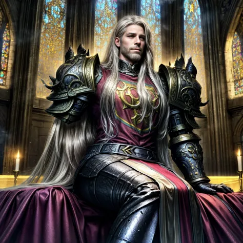 draego, a medieval knight in shining armor, (long hair:1.2), sitting in a chair in front of an altar in a large cathedral, drama...