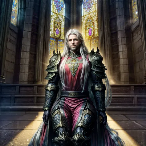 draego, a medieval knight in shining armor, (long hair:1.2), sitting in a chair in front of an altar in a large cathedral, drama...