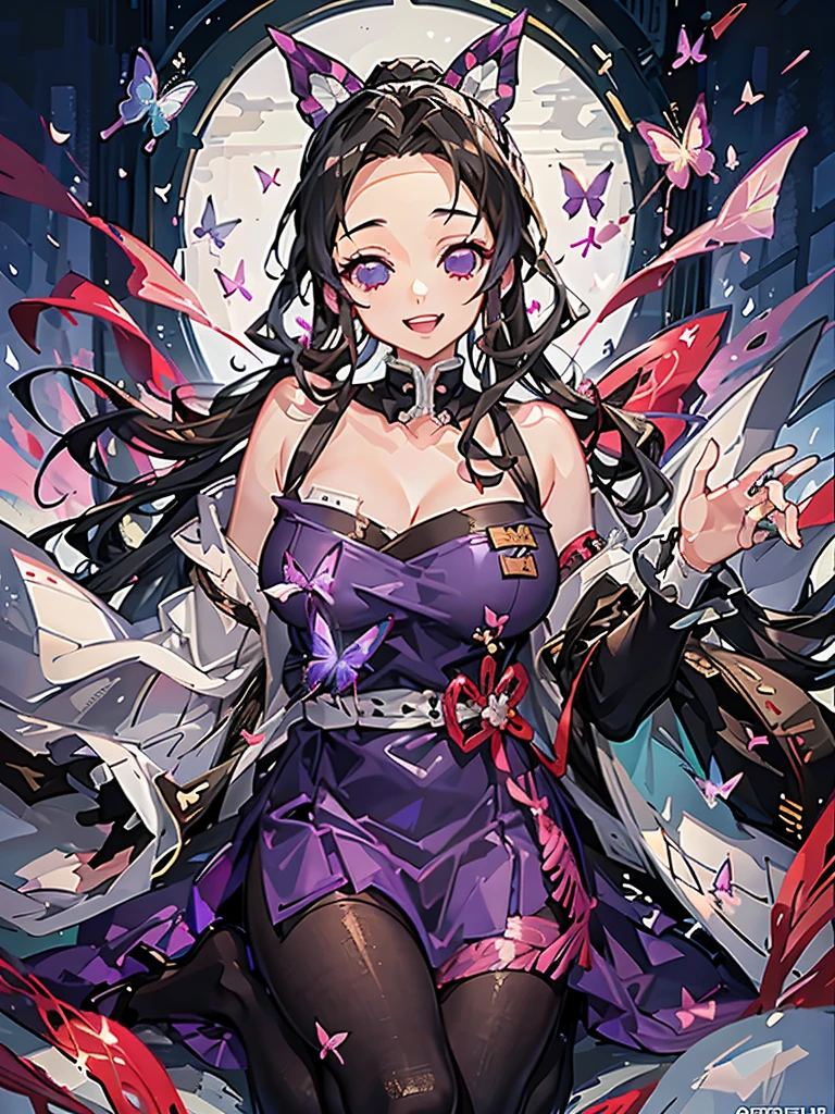 Full body photo shinobu kocho from demon slayer anime,  at a Japanese royal palace room, beautiful woman, smiling, close eyes, dimples, sedutice expression, sexy dress, purple aura, butterfly wings, open breast 

