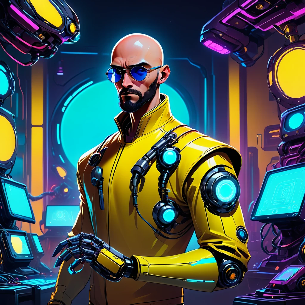 one  men, 30years, without hair, bald man with brown beard, athletic body, wearing yellow leather jacket with blue neon, sunglasses with blue lens, robotic arm implants, connected limbs, in his bedroom, using a computer to hack, futuristic atmosphere, night time, cyberpunk style, Point of view view