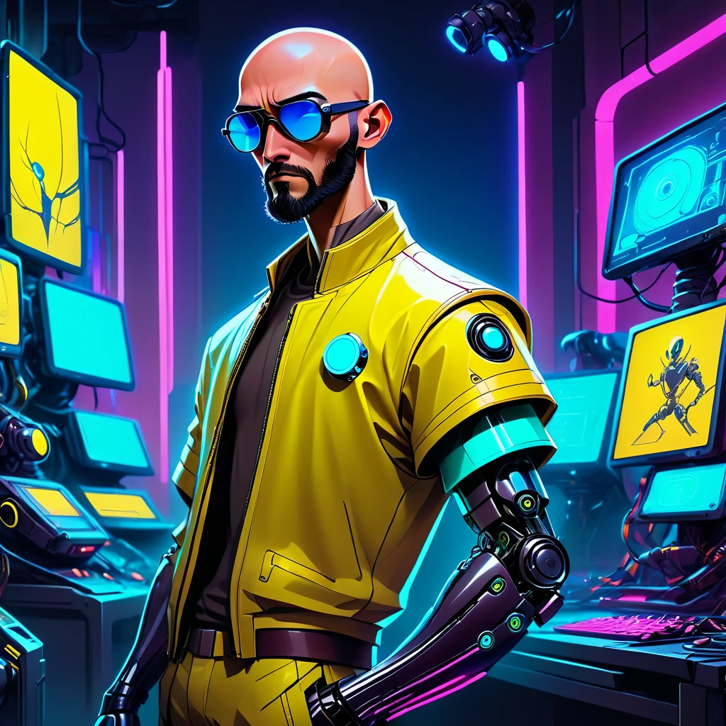 one  men, 30years, without hair, bald man with brown beard, athletic body, wearing yellow leather jacket with blue neon, sunglasses with blue lens, robotic arm implants, connected limbs, in his bedroom, using a computer to hack, futuristic atmosphere, night time, cyberpunk style, Point of view view